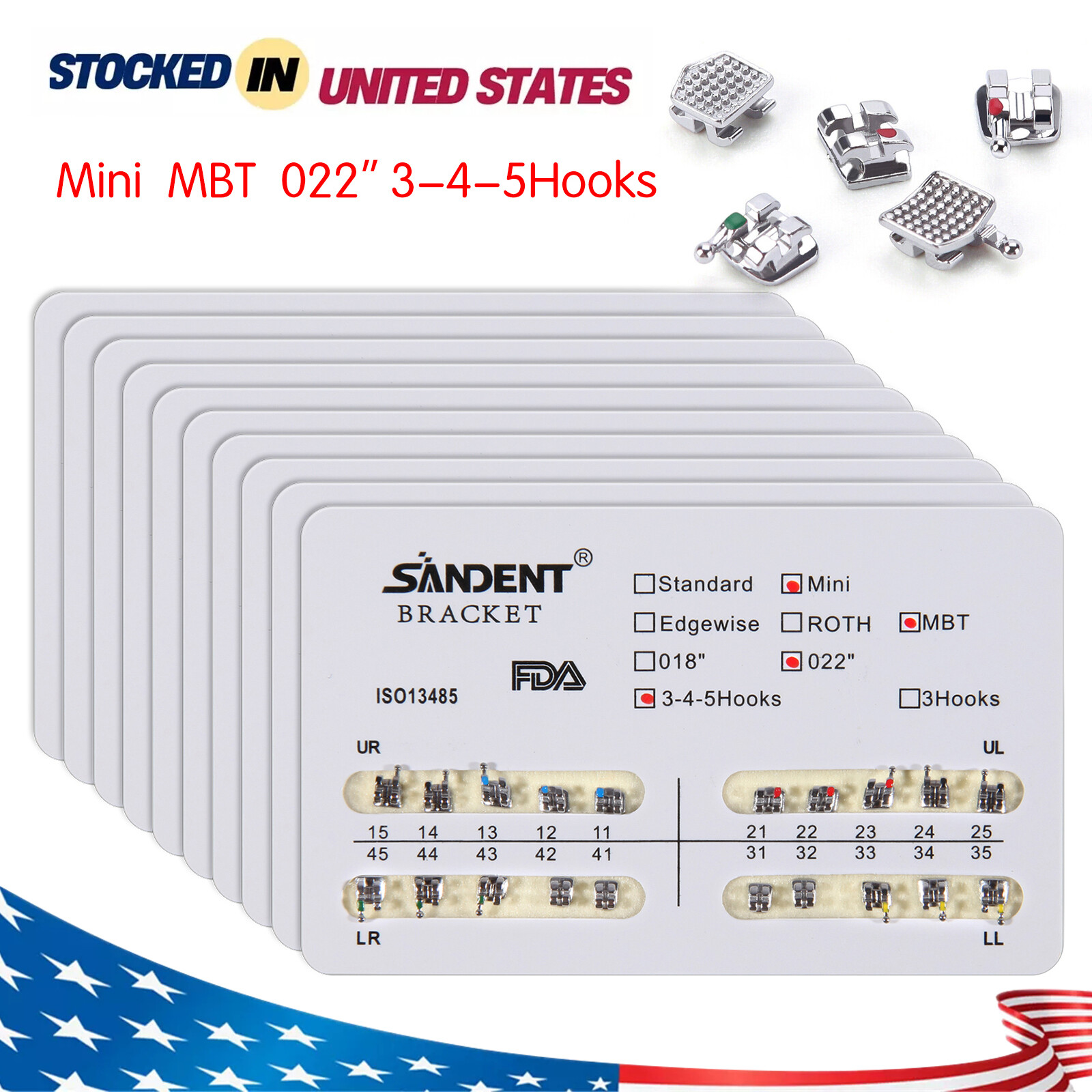 SANDENT Dental Ortho Metal Brackets Mini/Standard Roth/MBT 022 Hooks 3/3-4-5 ns