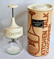 Vintage Kitchen Talk Food Chopper Plunger Glass Base Nuts Vegetable Fruit Box