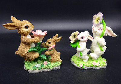 Lot of 2, Ceramic Easter Bunnies Holding Flowers