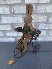 Primative Folk Art Rabbit Pull Toy Tricycle Wood and Metal Articulated 12" tall