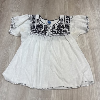Raj Women s Embroidered Tunic Size Large White/Navy Boho Peasant 100% Cotton