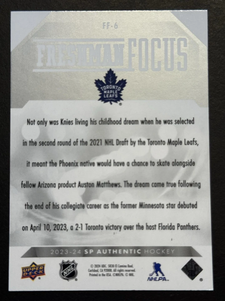 2023-24 SP Authentic #FF-6 Matthew Knies Freshman Focus - Image 2 of 2