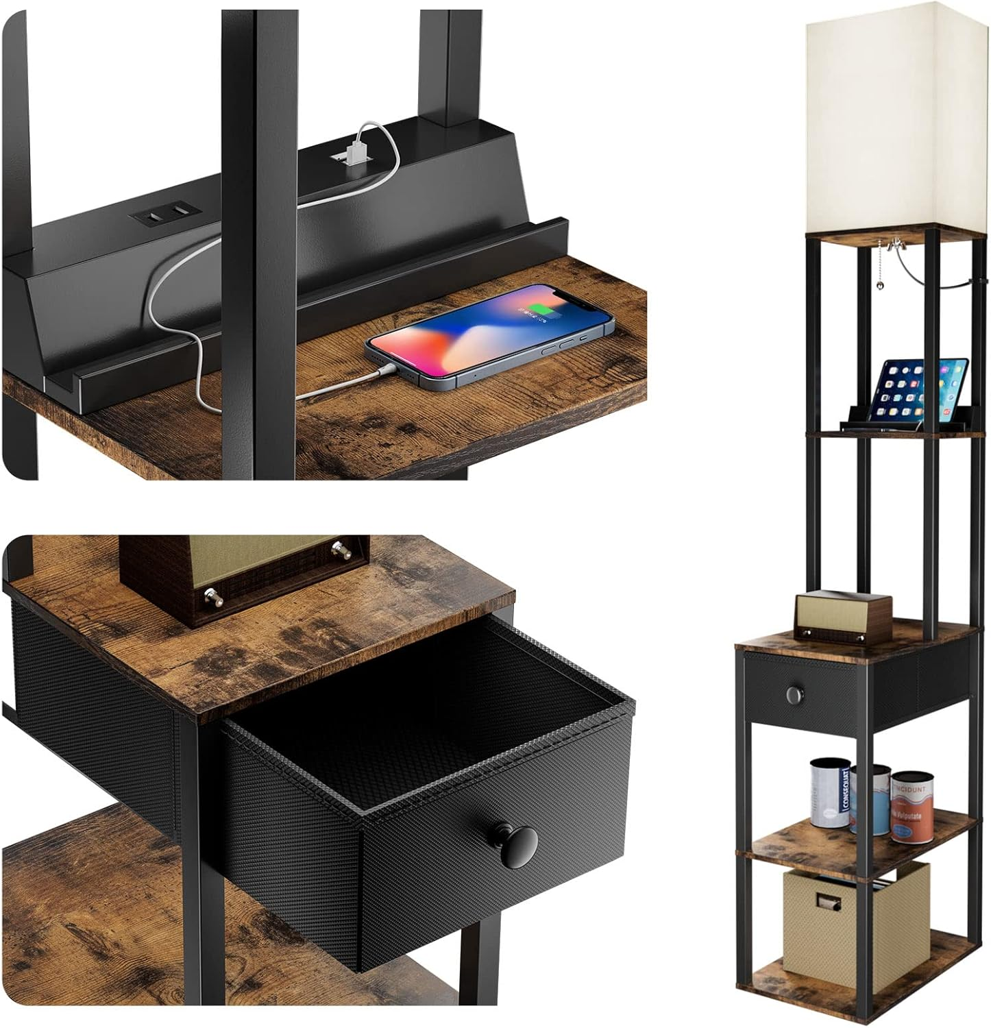 Floor Lamp with 2 USB, 1 Outlet and Drawer, 3 Color Temperatures LED Bulb (9W),