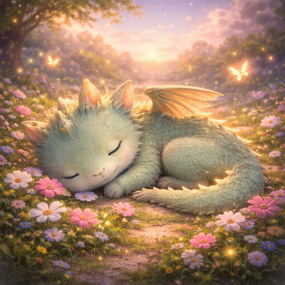 Schlafender Drache auf einer Blumenwiese (P139) Kinderzimmer & Kinderzimmer