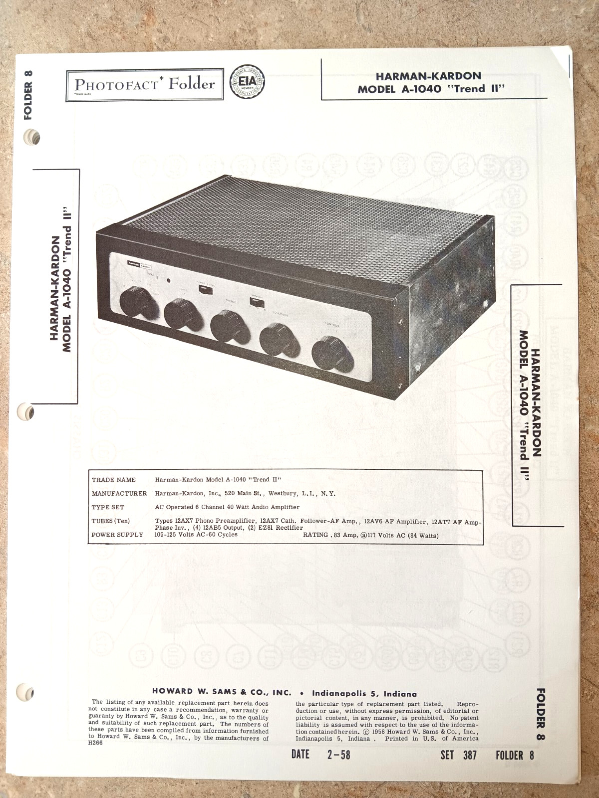 HARMAN-KARDON A-1040 "TREND II" AMP - NOS SAMS PHOTOFACT 387/8 - SCHEMATIC+