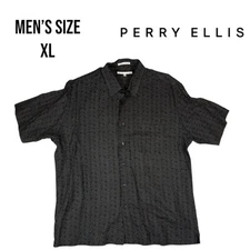 Perry Ellis Men’s XL Button Up Shirt Black Gold Linen Blend Short Sleeve Resort