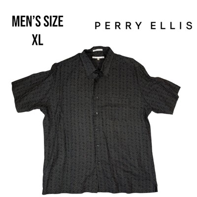 Perry Ellis Men s XL Button Up Shirt Black Gold Linen Blend Short Sleeve Resort