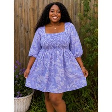 Ava & Viv Lavender Marble Smocked Dress 2X  Puff Sleeve Cotton Mini Cottagecore