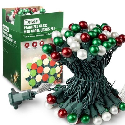 Tupkee Pearlized Glass Mini Globe Lights Set - 70 G15 Red, Green, Warm-White LED