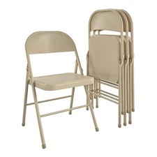 Folding Chair Heavy Duty Party Meeting Seat 4 Pack All-Steel Metal Beige