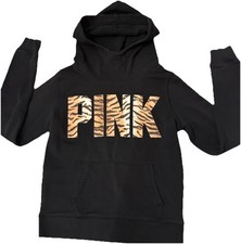 PINK Victoria's Secret Black Tiger Logo Fleece Pullover Hoodie Hooded Size S