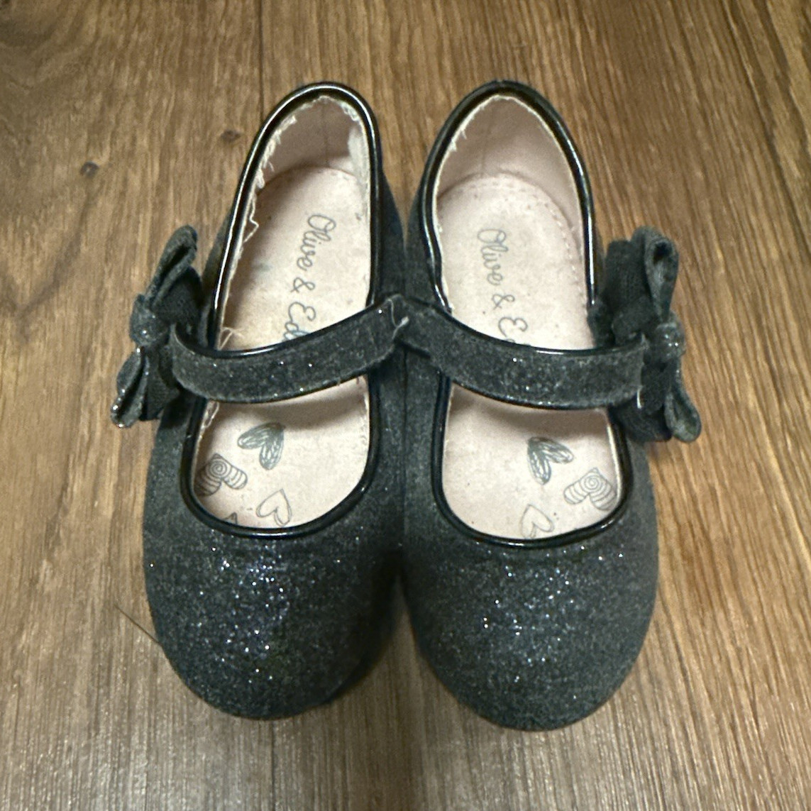 Girls Black Glitter Mary Jane Flats Bow Accent Ankle Strap Buckle Size 7