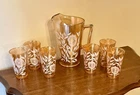 Jeanette Marigold Carnival Glass Cosmos Pitcher + 6 Juice Glasses EXCLNT