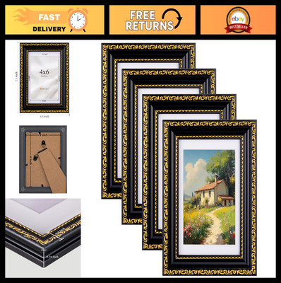 Gothic 4x6 Picture Frames Set of 4, Vintage Ornate Photo Displays, Black Gold De