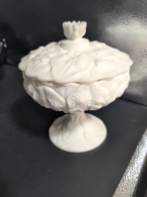 Vintage Fenton Glass White Satin Water Lily Candy Compote Dish & Lid Excellent 