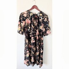 GP&J Baker X H&M Black Bird Print Midi Dress Cottagecore Boho Floral Size 8