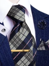 White Blue Tie for Men Silk Plaid Checkered Necktie Pocket Square Cufflinks L...