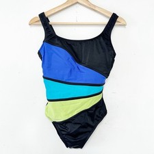 Longitude Swimwear One Piece Swimsuit Bathing Suit Black Retro Stripe Neon 10