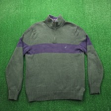 Nautica Sweater Mens Large Green Blue 1/4 Zip Pullover Preppy Casual