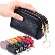 3 Zippered Genuine Leather Coin Purse Triple Capacity Change Pouch With Key Ring