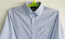 HART SCHAFFNER MARX Mens 17 1/2 35 Light Blue Small-plaid Pattern Dress Shirt