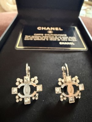 Vintage CHANEL Crystal CC Logo Earrings Set Silver Tone with Box & Authenticity