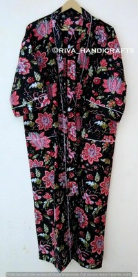 Floral Multi Color Rose Print Black Cotton Kimono Gown Beachwear Maxi Nightwear