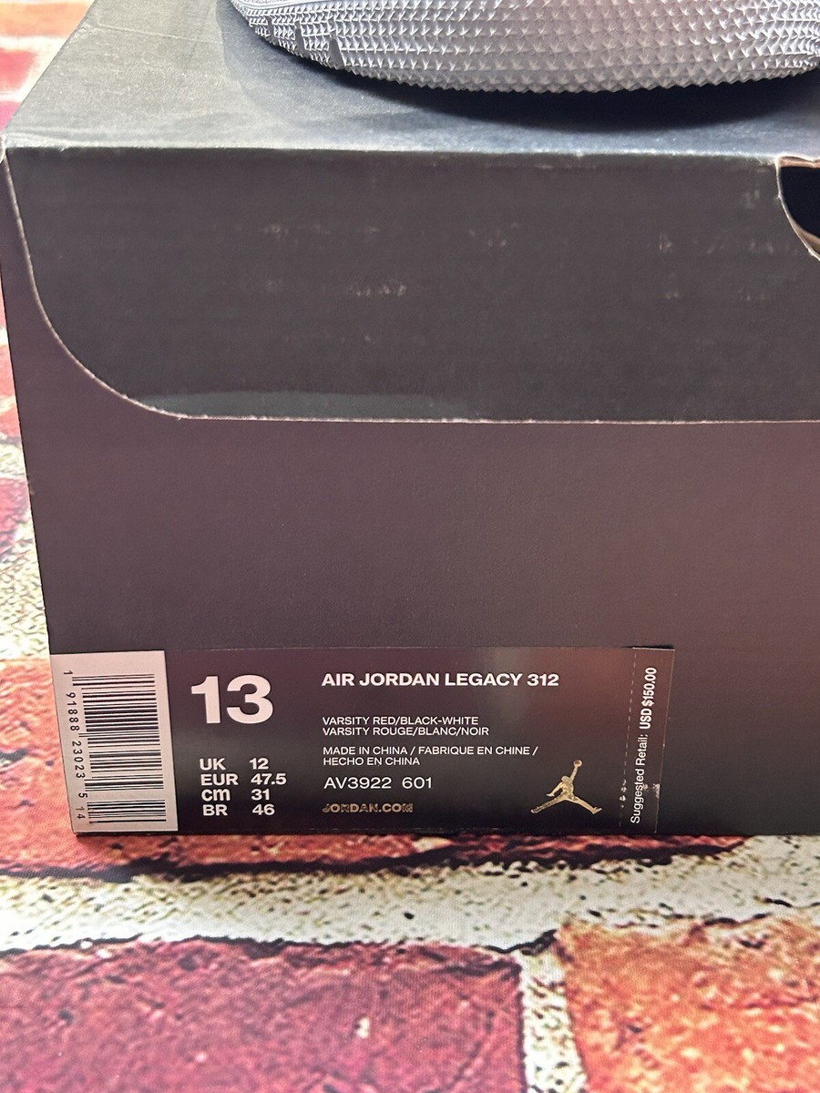 NIKE AIR JORDAN LEGACY 312 Size 13 Bred AV3922-601 New In NIKE AIR JORDAN LEGACY 312 Size 13 Bred AV3922-601 New In