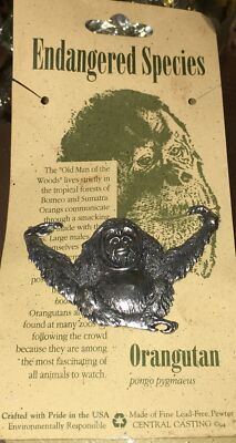 Orangutan Brooch Silver Large Pewter Endangered Species Ape Pun Safari Vtg NEW