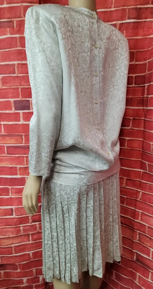 Vestido para mujer Argenti vintage años 80 gris seda plisado talla 12 #C Foto 3 de 4