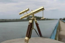 Nautical Telescope 10 Inch Double Barrel Solid Brass Spyglass With Wooden Tripod