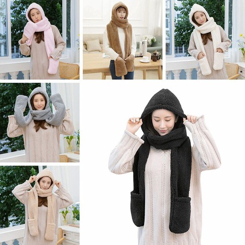 Cappello da Donna Sciarpa Guanti Set 3 IN 1 Felpa Pile Con Cappuccio Snood  Stola | eBay