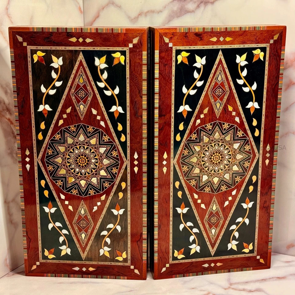 Handmade Backgammon Board Set Rosewood Antique Chess Table Wood Pieces Dice Game - Image 3 of 4