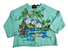 Vintage Michael Simon Cotton Blend Sequined Beach Island Huts Cardigan Small