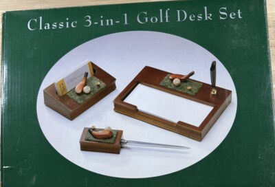 VTG Stationary Golf Desk Set  W/ Letter Opener Card Holder & Memo Pad