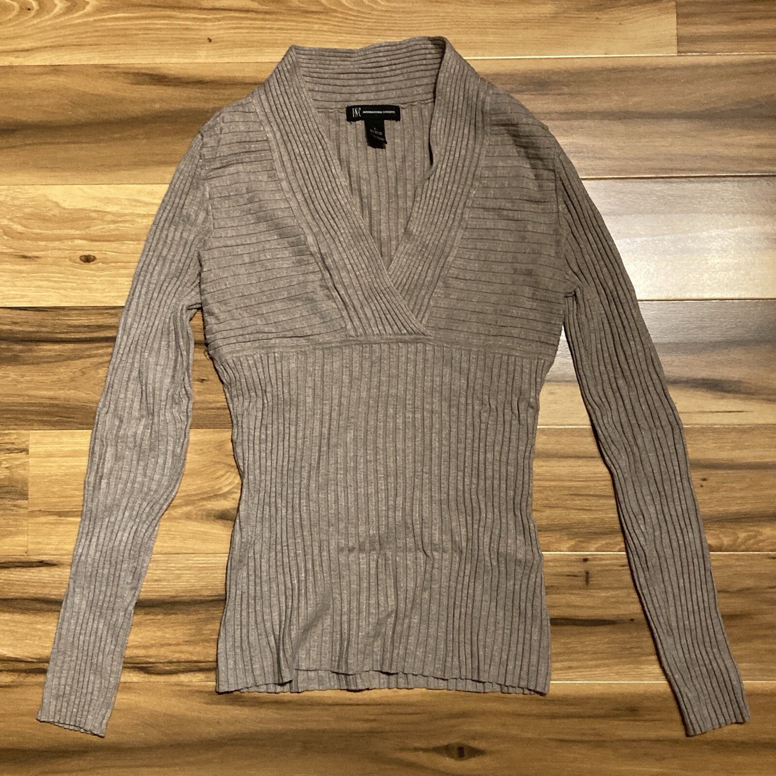 INC Sweater Womens Large Beige Ribbed V-Neck Stretch Pullover Long Sleeve