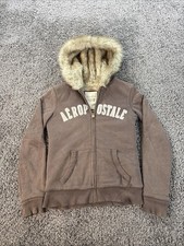 VTG Y2K Aeropostale Hoodie Zip Faux Fur Hood Lined Womens Med Brown Logo