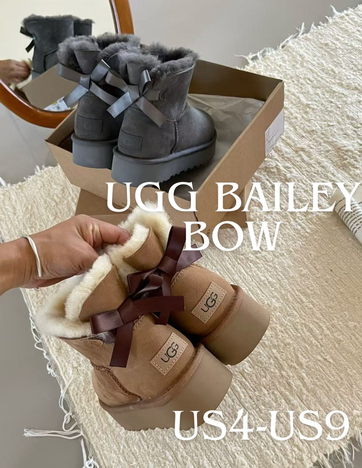 Ugg Classic Bailey Bow Ribbon Platform Boots (3cm) Sheepskin Women US4-US9