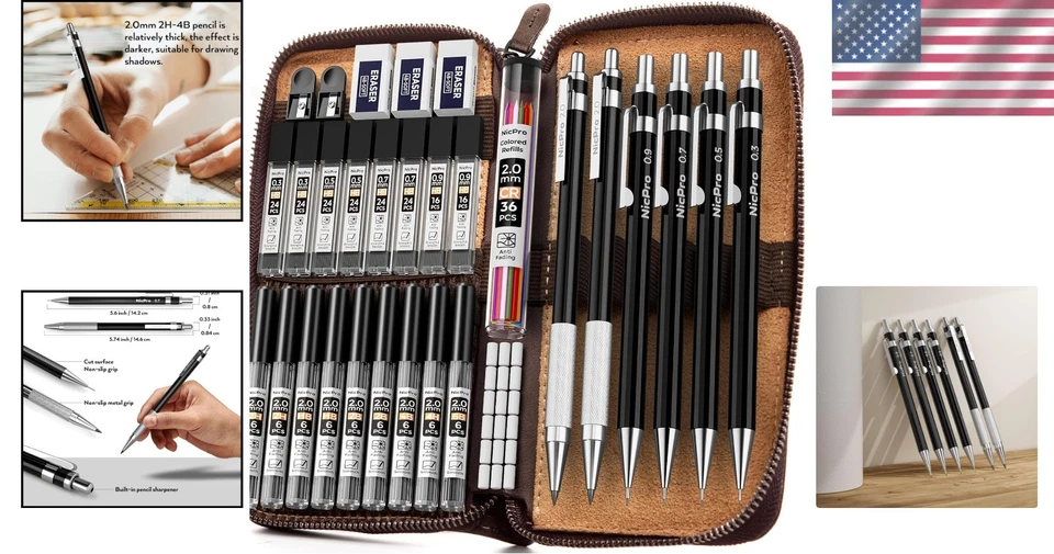 Juego de lápices mecánicos profesionales de 33 piezas con estuche de cuero Foto 2 de 4