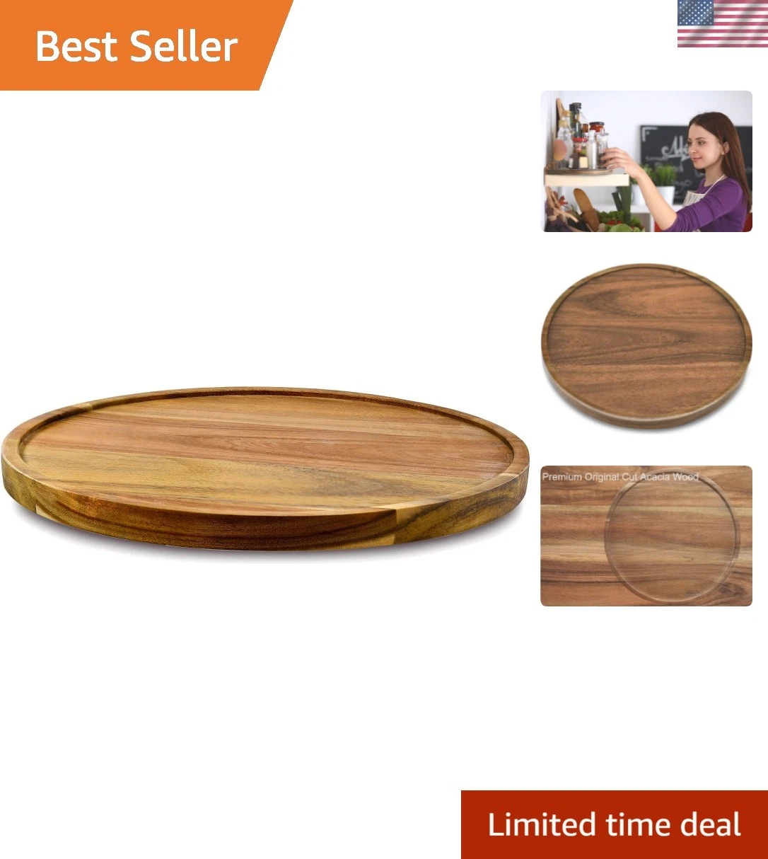 10" Acacia Wood Lazy Susan Organizer Kitchen Turntable for Cabinet Pantry Tab...
