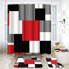 Red Black Modern Bathroom Set with Shower Curtain and Rugs