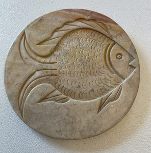 Stone Trivet Carved Round Etched Fish Footed 6.75”