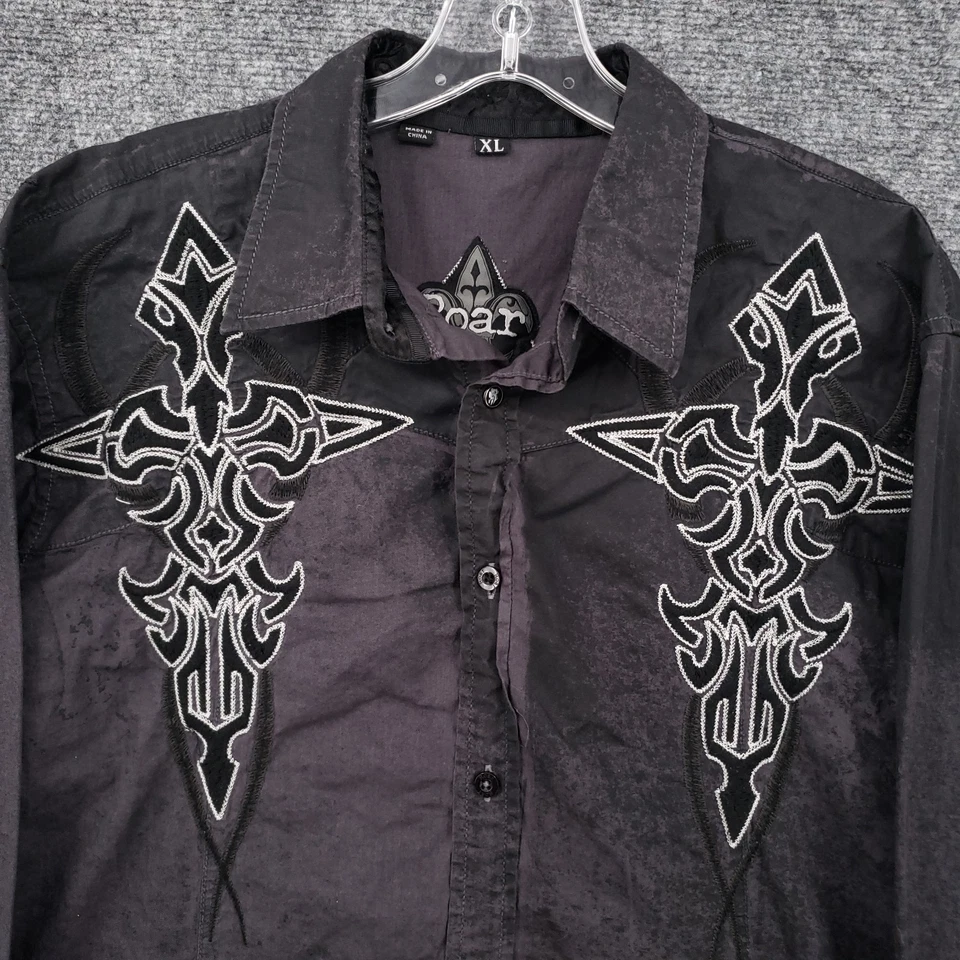 Roar Button Up Shirt Mens XL Black Embroidered Long Sleeve Rock Western Y2K - Image 3 of 4
