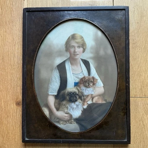 1920s Large Leather Framed Hand Coloured Painted Photo of Woman & Pekingese Dogs