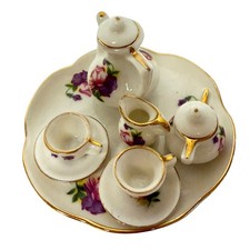 Miniature Porcelain Tea Set Floral Gold Trim Tray 6 Piece Toy Playset