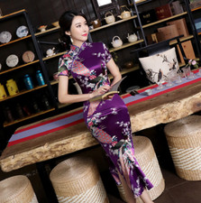 New Luxurious Purple Satin Phoenix Chinese Long Dress Cheongsam Qipao dress