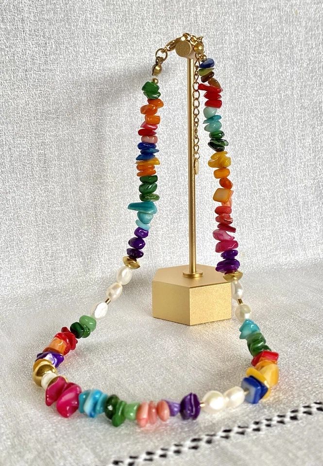 Colar feminino multicolorido com miçangas e pérolas comprimento ajustável - Imagem 4 de 4