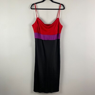 Express Satin Color Block Tier Cowl Neck Midi Slip Dress Red Purple Black  Large