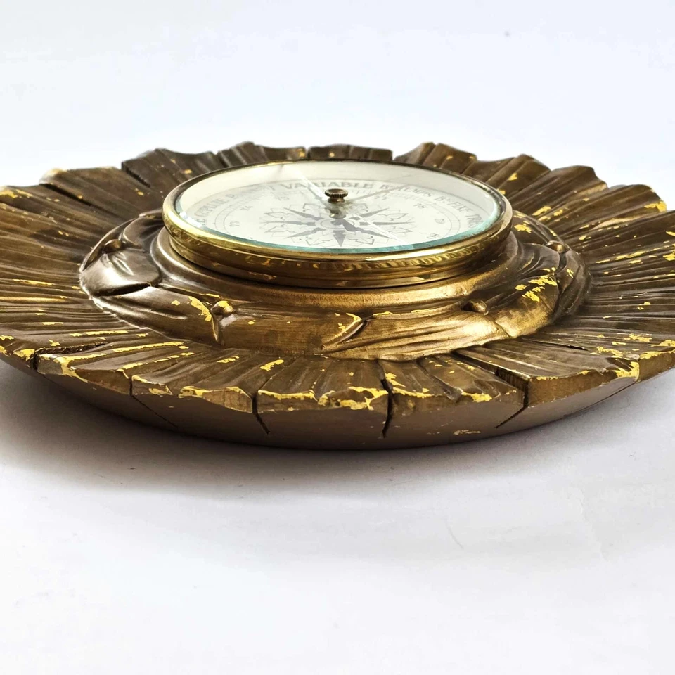 Antiguo Barómetro Holostérico Francés PNHB Sunburst Madera Dorada Circa 1900 Funcionando Foto 3 de 4