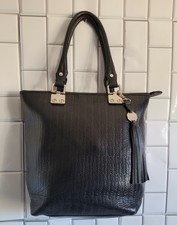 Treesje Black Large Textured Leather Tote With Silver Hardware And Tassel Detail